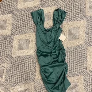 Revolve Superdown Amari Ruched Satin Green Mini Dress Medium NEW